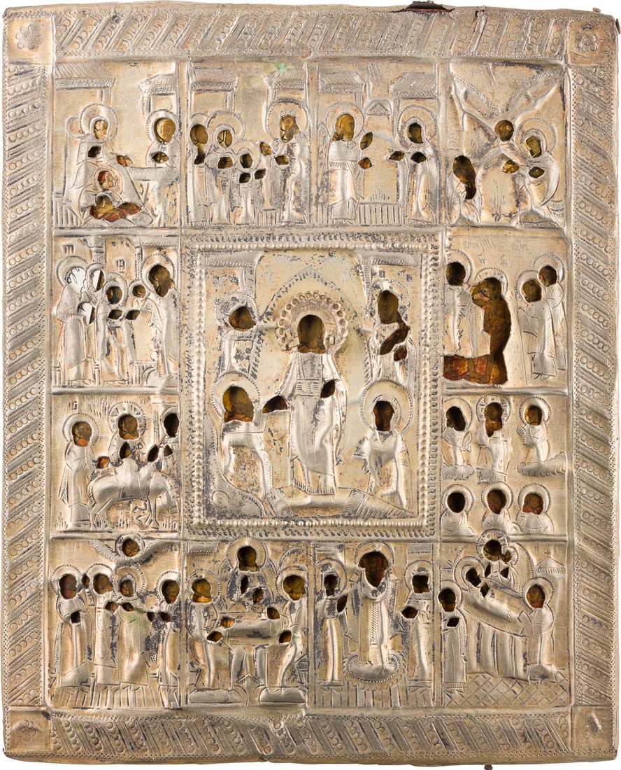 | FESTTAGSIKONE MIT OKLAD: AN ICON SHOWING THE RESURRECTION AND THE DESCENT INTO HELL SURROUNDED BY TWELVE MAJOR FEASTS OF THE CHURCH WITH OKLAD Russland, Mitte 19. Jh. Russian, mid 19th century Einzeltafel mit zwei Stirnseiten