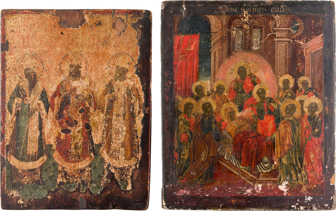 | ZWEI IKONEN: ENTSCHLAFEN DER GOTTESMUTTER UND DREI HIERARCHEN DER ORTHODOXY (1 of 3)