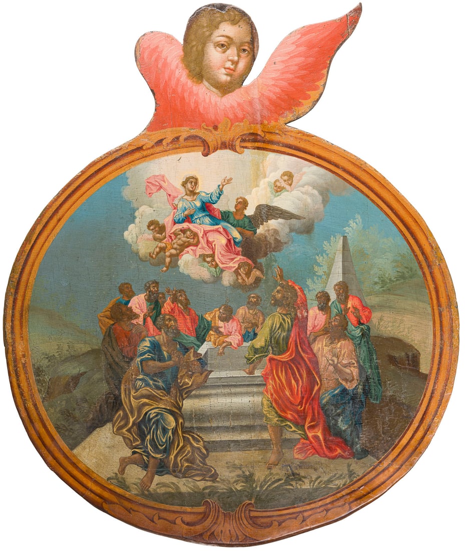 | MONUMENTALE IKONE MIT DER ASSUMPTIO DER GOTTESMUTTER UND EINEM CHERUB AUS EINER KIRCHEN-IKONOSTASE: A MONUMENTAL ICON SHOWING THE ASSUMPTION OF THE MOTHER OF GOD AND A CHERUB FROM A CHURCH ICONOSTASIS Russian, 18th century Tempera on wood panel. The folds of the garments painted in gold. Minor losse