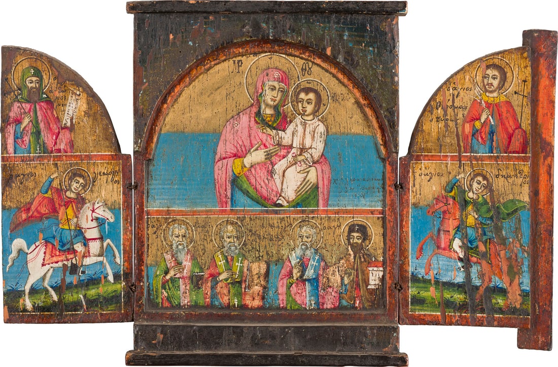 | DATIERTES TRIPTYCHON MIT DER GOTTESMUTTER UND AUSGEWAeHLTEN HEILIGEN: A DATED TRIPTYCH SHOWING THE MOTHER OF GOD AND SELECTED SAINTS Greek, dated 1806 (?) Oil on wood panels. Executed in bright colours on gold ground. Paint blisterings, losses. Traces of a Greek