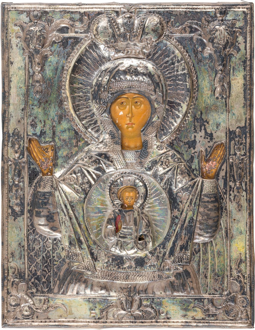 | KLEINE UND FEINE IKONE MIT DER GOTTESMUTTER DES ZEICHENS (ZNAMENIE) MIT VERMEIL-OKLAD (1 of 1)