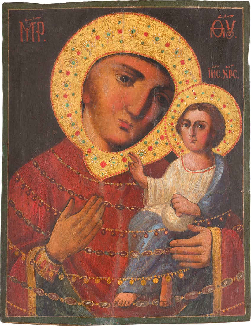 | SELTENE IKONE MIT DER GOTTESMUTTER 'PRYAZHEVSKAYA' (GORNALSKAYA): A RARE ICON SHOWING THE PRYAZHEVSKAYA MOTHER OF GOD (GORNALSKAYA) Ukrainian, 19th century Oil on wood panel. Partially restored. 26.2 x 20.6 cm. 17. und 18. Jahrhunderts zurueck, der The history of th