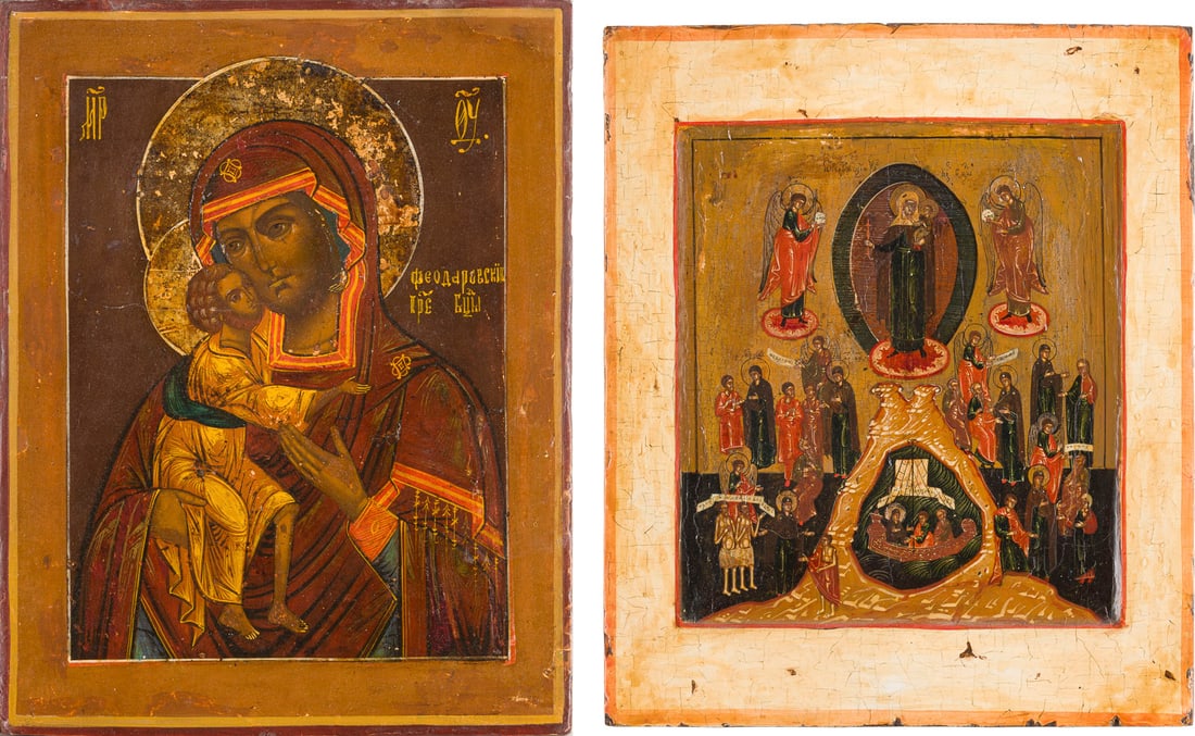 | ZWEI IKONEN: GOTTESMUTTER FEODOROWSKAJA UND GOTTESMUTTER 'FREUDE ALLER LEIDENDEN': TWO ICONS SHOWING THE FEODOROVSKAYA MOTHER OF GOD AND THE MOTHER OF GOD 'JOY TO ALL WHO GRIEVE' Russland, 19. Jh. Russian, 19th century Holztafeln, Eitempera auf Kreidegrund. Partielle Versilberung go