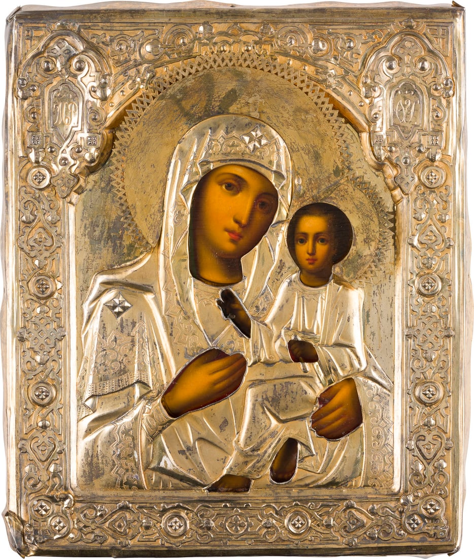 | IKONE MIT DER GOTTESMUTTER VON TICHWIN (TICHWINSKAJA) MIT VERMEIL-OKLAD (1 of 2)