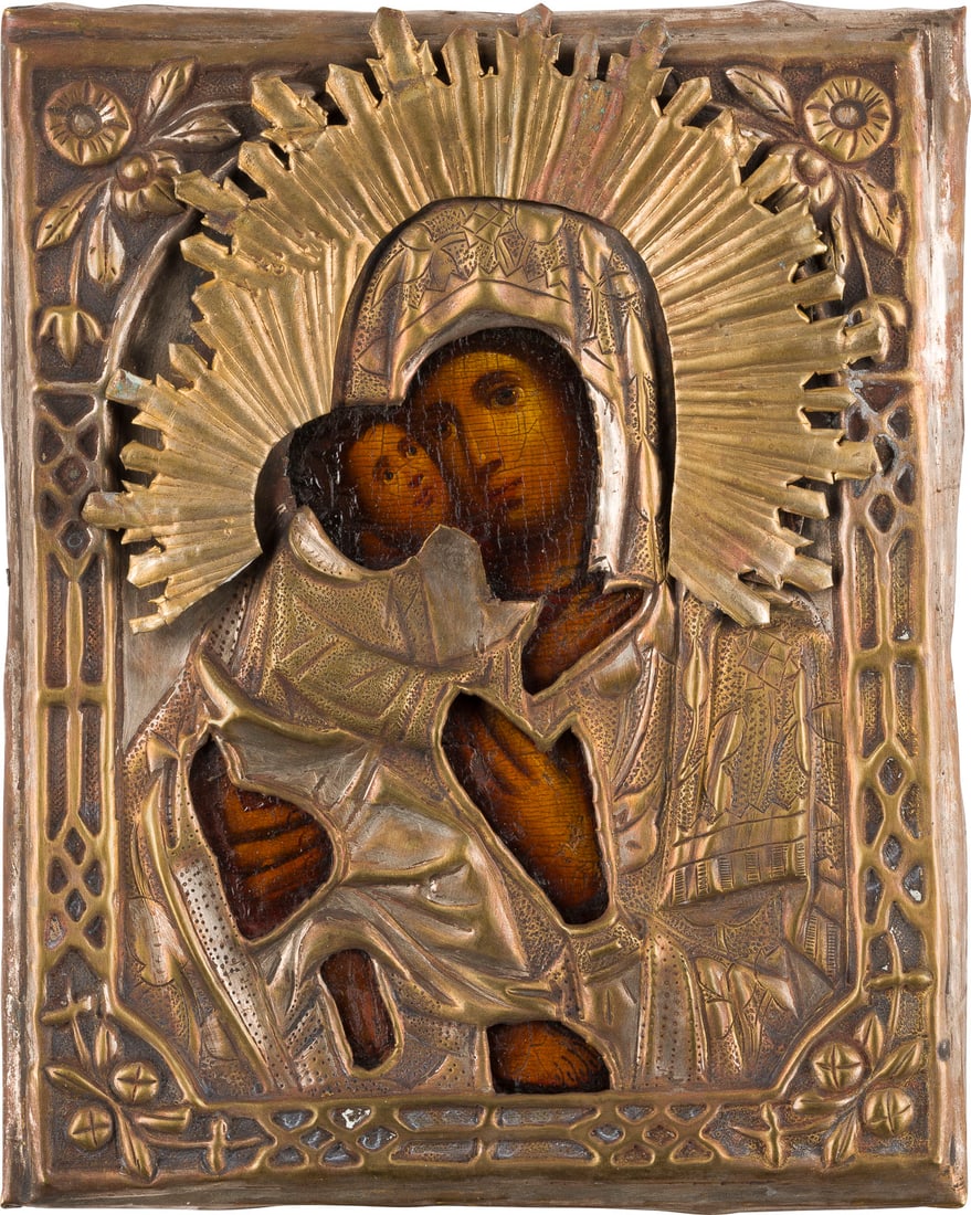 | KLEINE IKONE MIT DER GOTTESMUTTER VON WLADIMIR (WLADIMIRSKAJA) MIT OKLAD (1 of 1)