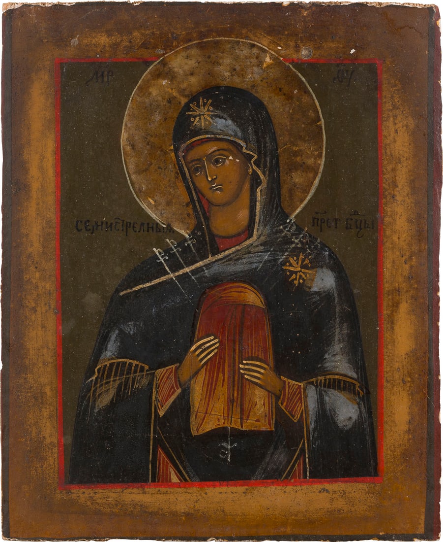 | KLEINE IKONE MIT DER GOTTESMUTTER DER 'SIEBEN SCHMERZEN': A SMALL ICON SHOWING THE MOTHER OF GOD 'OF THE SEVEN SORROWS' Russian, 19th century Tempera on wood panel. The halo made of silver, covered by a golden lacquer. Minimally restored. 20.8 x 17.1 cm.KLEI