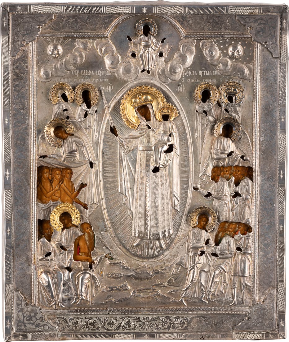 | GROSSE UND FEINE IKONE MIT DER GOTTESMUTTER 'FREUDE ALLER LEIDENDEN' MIT SILBER-OKLAD: A LARGE AND FINE ICON SHOWING THE MOTHER OF GOD 'JOY TO ALL WHO GRIEVE' WITH A SILVER OKLAD Russland, Mitte 19. Jh. (Ikone), Russland, Saratow, Alejey Utkin, 1856 (Oklad) Russian, mid 19th century (ic