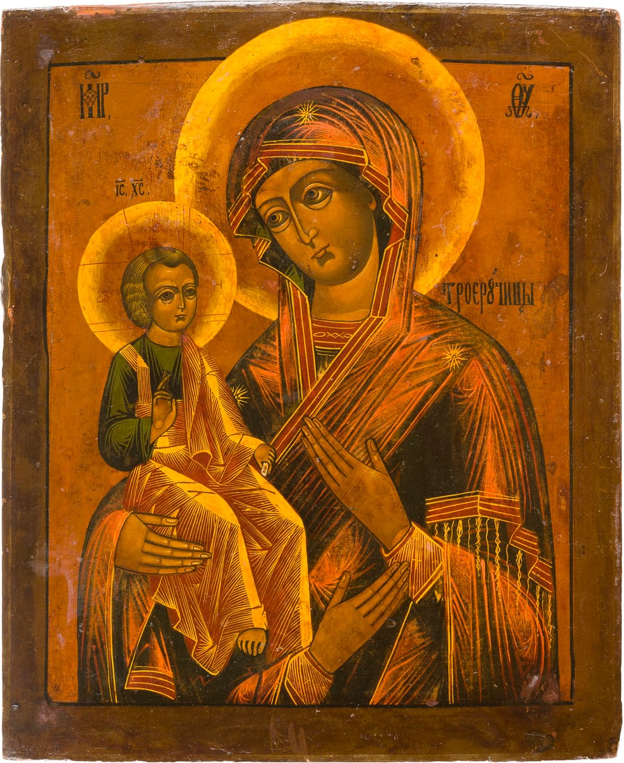 | GROSSE IKONE MIT DER DREIHAeNDIGEN GOTTESMUTTER (TRICHEIROUSA): A LARGE ICON SHOWING THE THREE-HANDED MOTHER OF GOD Russian, 19th century Tempera on wood panel. Minimally restored. 38.4 x 31.7 cm.GROSSE IKONE MIT DER DREIHAeNDIGEN GOTTESMUTTER (TRICHEIROUSA) Russl