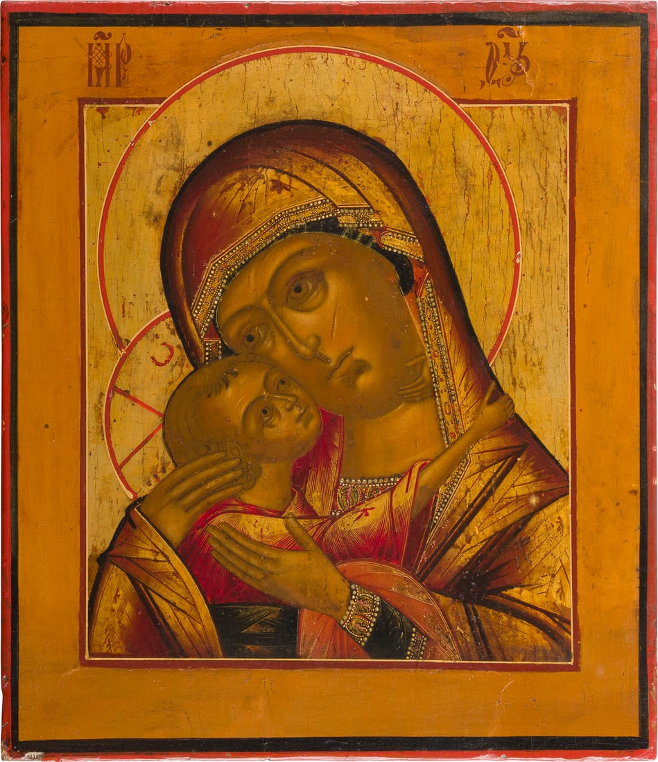 | FEINE IKONE MIT DER GOTTESMUTTER 'PETROWSKAJA': A FINE ICON SHOWING THE PETROVSKAYA MOTHER OF GOD Russian, circa 1800 Tempera on wood panel. Finely painted on a gold ground. Partially restored, minor paint blisterings. 31.1 x 26.9 cm.FEINE IKONE MI