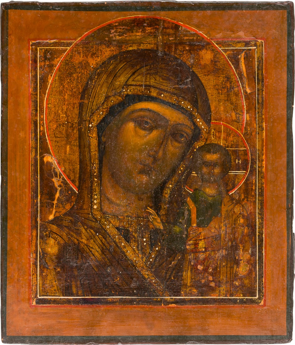 | IKONE MIT DER GOTTESMUTTER VON KASAN (KASANSKAJA): AN ICON SHOWING THE KAZANSKAYA MOTHER OF GOD Russian, 19th century Tempera on wood panel with kovcheg. The haloes made of silver, covered by a golden lacquer. Areas of restorations. 35 x 30.3 cm.IKONE
