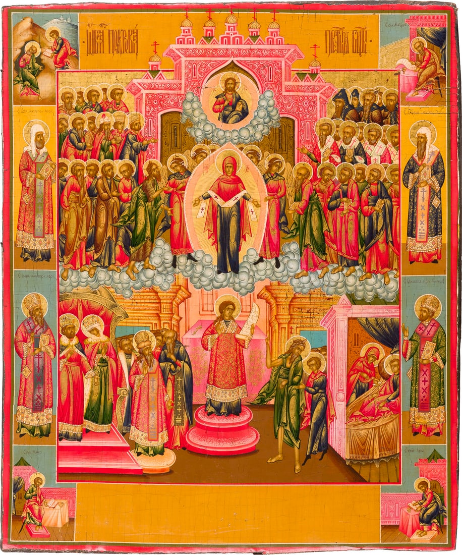 | GROSSFORMATIGE IKONE MIT DEM SCHLEIERWUNDER DER GOTTESMUTTER (POKROW): A VERY LARGE ICON SHOWING THE PROTECTING VEIL OF THE MOTHER OF GOD (POKROV) 20th century Tempera on canvas laid down on a wood panel. The haloes made of gold. 43.8 x 36.8 cm.GROSSFORMATIGE IKONE MIT D