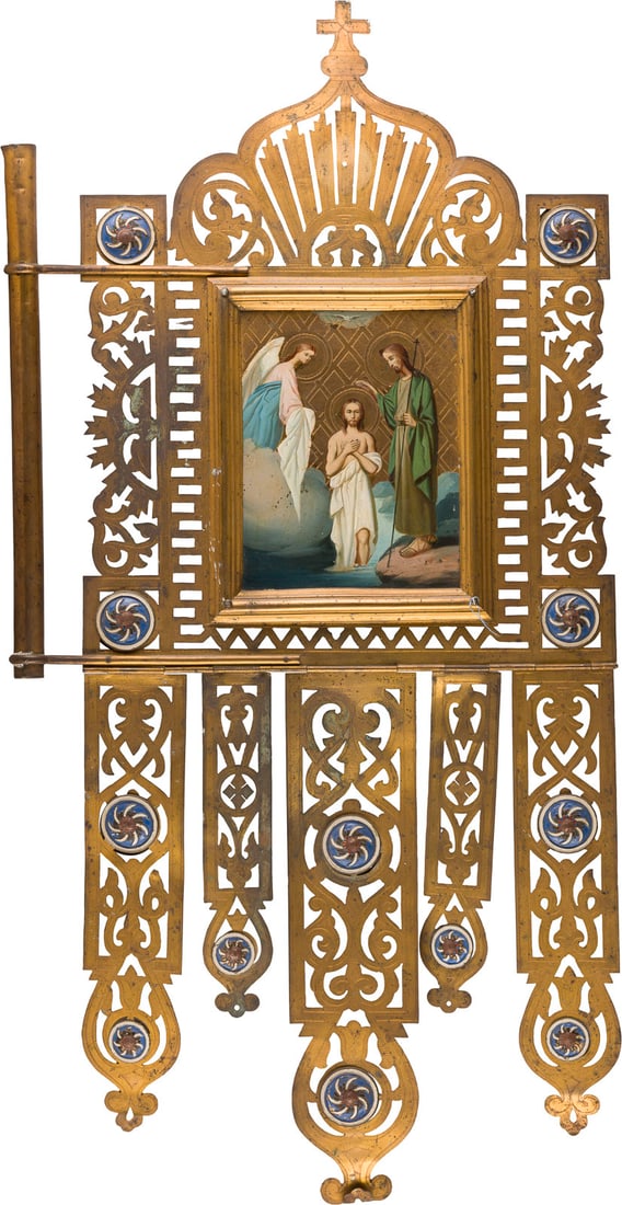 | GROSSE PROZESSIONS-IKONE MIT DER TAUFE CHRISTI UND DER GOTTESMUTTER 'POTSCHEWSKAJA': A LARGE DOUBLE-SIDED PROCESSIONAL ICON SHOWING THE BAPTISM OF CHRIST AND THE POZHAEVSKAYA MOTHER OF GOD Russland, um 1875 Russian, circa 1875 Messing, graviert, teils emailliert, Oelmalerei auf Metall
