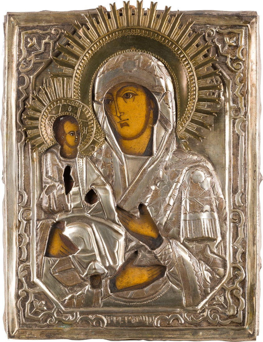 | KLEINE IKONE MIT DER DREIHAeNDIGEN GOTTESMUTTER (TRICHEIROUSA) MIT OKLAD (1 of 2)