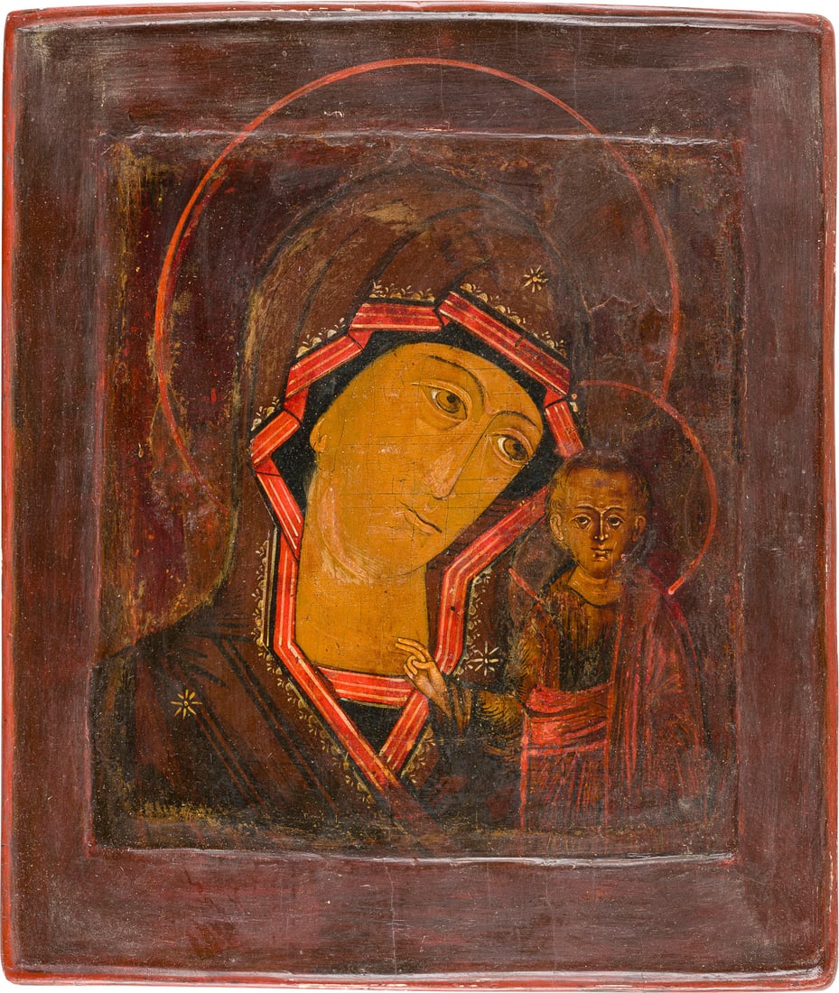 | IKONE MIT DER GOTTESMUTTER VON KASAN (KASANSKAJA): AN ICON SHOWING THE KAZANSKAYA MOTHER OF GOD Russian, 19th century Tempera on wood panel with double kovcheg. Partially restored. 30.6 x 27 cm.IKONE MIT DER GOTTESMUTTER VON KASAN (KASANSKAJA) Russlan