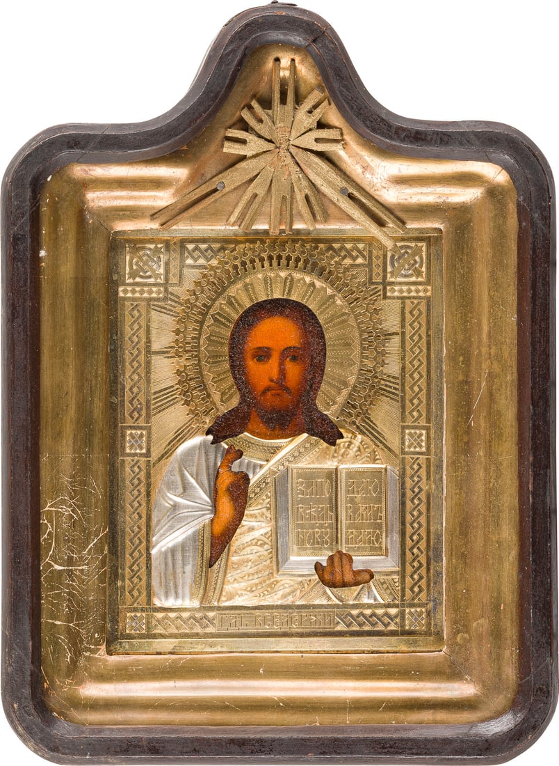 | ZWEI IKONEN MIT OKLAD IM KIOT: CHRISTUS PANTOKRATOR UND GOTTESMUTTER 'IWERSKAJA' (1 of 2)