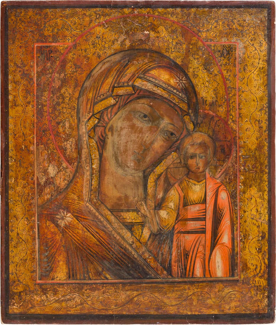 | IKONE MIT DER GOTTESMUTTER VON KASAN (KASANKSKAJA): AN ICON SHOWING THE KAZANSKAYA MOTHER OF GOD Russian, 2nd half of the 19th century Tempera on wood panel. The background made of silver, covered by a golden lacquer, ornately punched. Restorations. 35