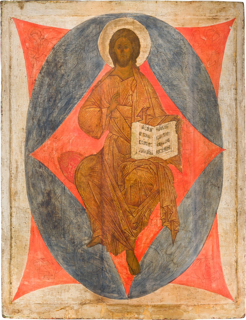 | MONUMENTALE IKONE MIT DEM THRONENDEN CHRISTUS INMITTEN DER ENGELSMAeCHTE AUS EINER: A MONUMENTAL ICON SHOWING CHRIST IN MAJESTY FROM A CHURCH ICONOSTASIS KIRCHEN-IKONOSTASE Russian, probably 17th century Russland, wohl 17. Jh. Tempera on wood panel with kovcheg. The halo made of gold