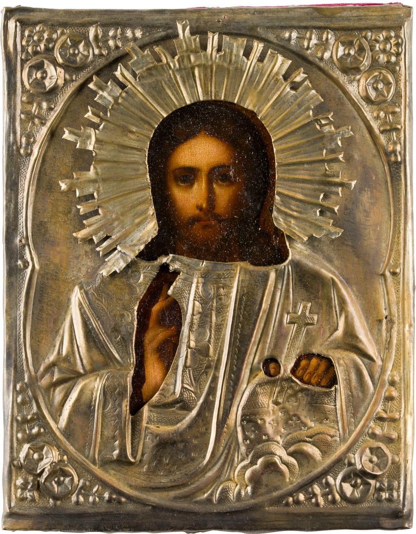 | KLEINE IKONE MIT CHRISTUS DEM WELTENHERRSCHER MIT OKLAD (1 of 1)