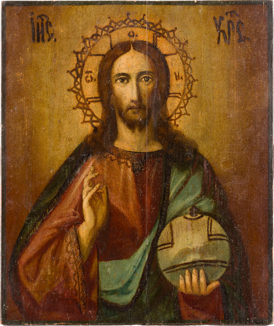 | IKONE MIT CHRISTUS DEM WELTENHERRSCHER: AN ICON OF CHRIST THE SAVIOUR Russian, late 19th century Oil on wood panel. Vertical crack minimally restored. 35.1 x 29.6 cm.IKONE MIT CHRISTUS DEM WELTENHERRSCHER Russland, Ende 19. Jh. Verbund zwei