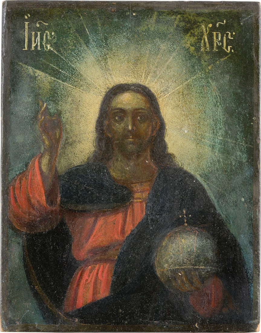 | KLEINE IKONE MIT CHRISTUS DEM WELTENHERRSCHER: A SMALL ICON SHOWING CHRIST THE SAVIOUR Russian, 2nd half of the 19th century Oil on wood panel. Restored. 21.6 x 16.8 cm.KLEINE IKONE MIT CHRISTUS DEM WELTENHERRSCHER Russland, 2. Haelfte 19. Jh. Lau