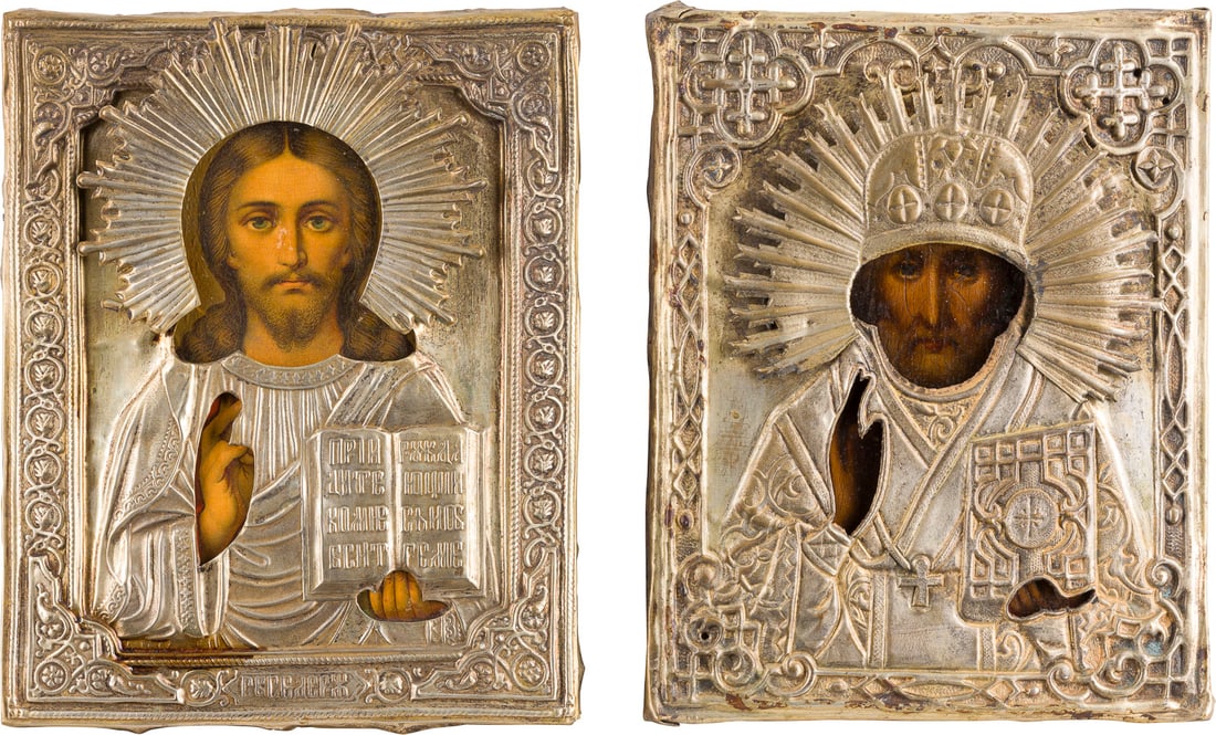 | ZWEI KLEINE IKONEN MIT OKLAD: CHRISTUS PANTOKRATOR UND HEILIGER NIKOLAUS VON MYRA (1 of 1)