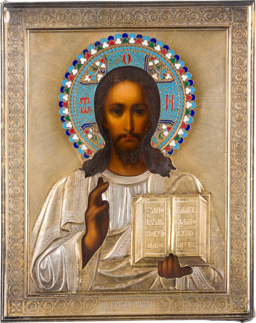 | KLEINE IKONE MIT CHRISTUS PANTOKRATOR MIT CLOISONNE-EMAIL-OKLAD: A SMALL ICON SHOWING CHRIST PANTOKRATOR WITH A SILVER-GILT AND CLOISONNE ENAMEL OKLAD Russian, late 19th century (icon), Russian, Moscow, 1896-1908 (oklad) Oil on wood panel with velvet covering. The