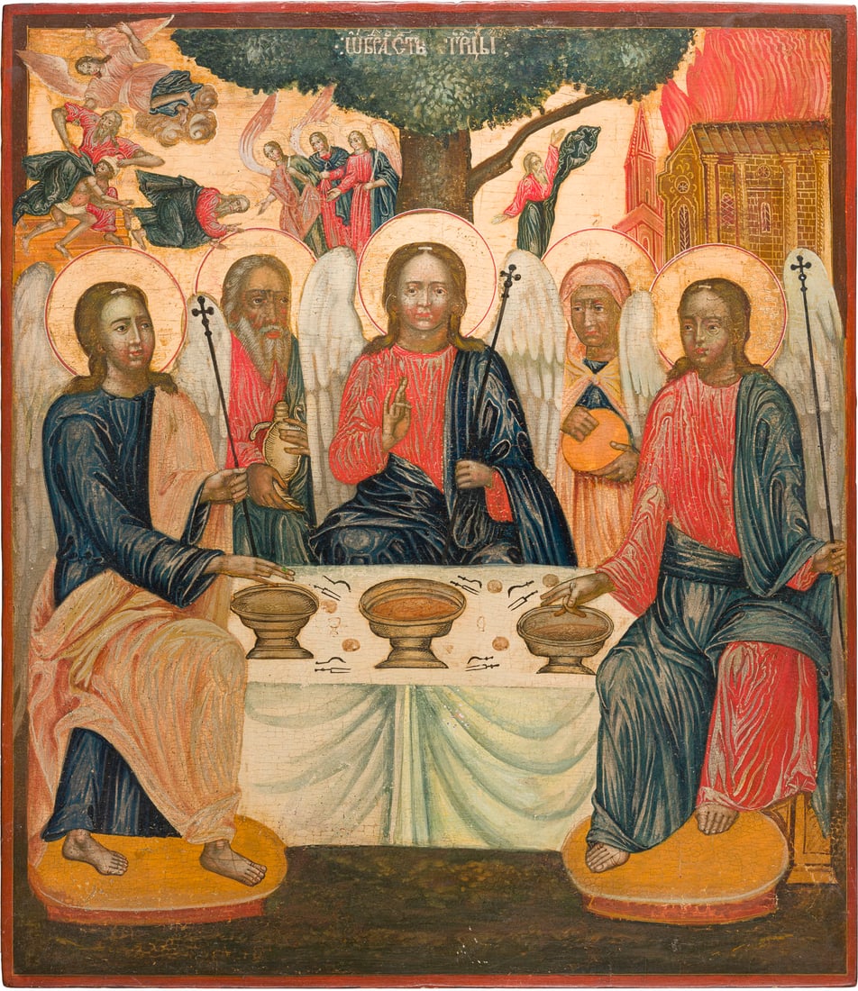 | MONUMENTALE IKONE MIT DER ALTTESTAMENTLICHEN DREIFALTIGKEIT AUS EINER KIRCHEN-IKONOSTASE: A MONUMENTAL ICON SHOWING THE OLD TESTAMENT TRINITY FROM A CHURCH ICONOSTASIS Russian, 2nd half of the 18th century Tempera on wood panel. The background stripped to gesso, partially restored. 72.3 x