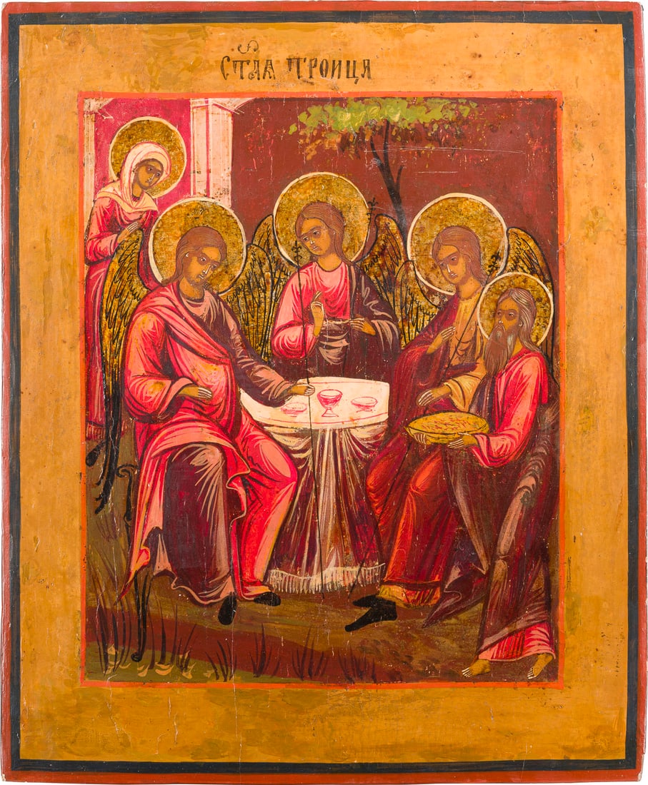 | IKONE MIT DER ALTTESTAMENTLICHEN DREIFALTIGKEIT: AN ICON SHOWING THE OLD TESTAMENT TRINITY Russian, 18th century Tempera on wood panel with kovcheg. The haloes made of silver, covered by a golden lacquer. Partially restored. 35.3 x 29.5 cm.IKONE MIT