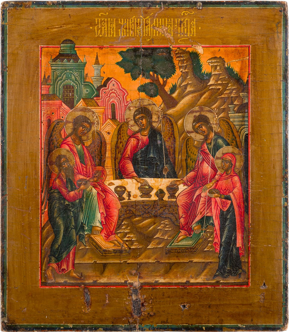 | IKONE MIT DER ALTTESTAMENTLICHEN DREIFALTIGKEIT: AN ICON SHOWING THE OLD TESTAMENT TRINITY Central Russian, late 19th century Tempera on wood panel with kovcheg. The haloes made of silver, covered by a golden lacquer. Losses. 31.4 x 27.3 cm.IKONE MI