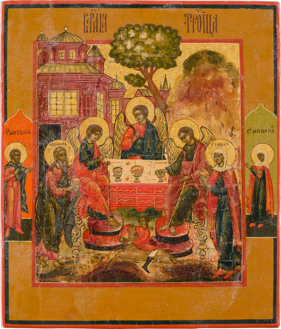 | KLEINE UND FEINE IKONE MIT DER ALTTESTAMENTLICHEN DREIFALTIGKEIT: A SMALL AND FINE ICON SHOWING THE OLD TESTAMENT TRINITY Russian, circa 1800 Tempera on wood apnel. The haloes and background made of gold. Finely rendered in great detail. Two selected saints on the b
