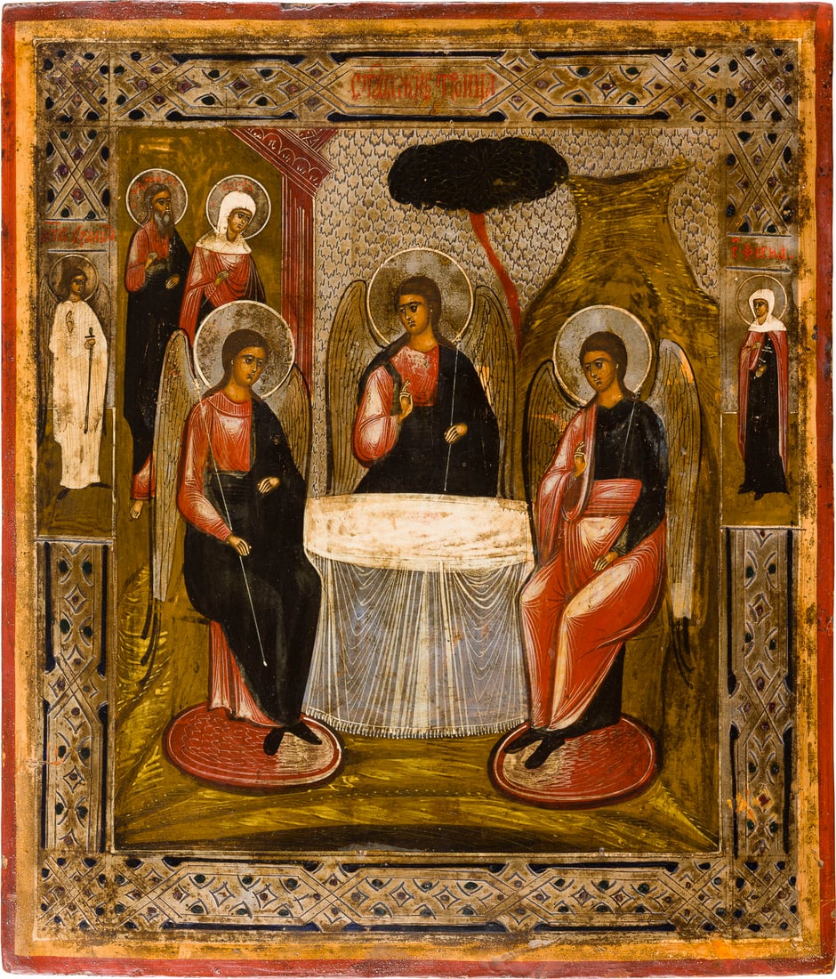 | IKONE MIT DER ALTTESTAMENTLICHEN DREIFALTIGKEIT: AN ICON SHOWING THE OLD TESTAMENT TRINITY Russian, circa 1880 Tempera on wood panel. The background made of silver, covered by a golden lacquer. The stylised decoration emulating contemporary metal ok