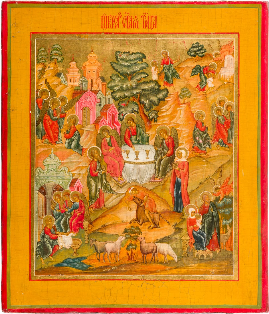 | IKONE MIT DER ALTTESTAMENTLICHEN DREIFALTIGKEIT: AN ICON SHOWING THE OLD TESTAMENT TRINITY Recent Oil on canvas laid down on a wood panel. All bearing gilt haloes. 35.5 x 30.5 cm.IKONE MIT DER ALTTESTAMENTLICHEN DREIFALTIGKEIT Rezent Laubholz-Tafel