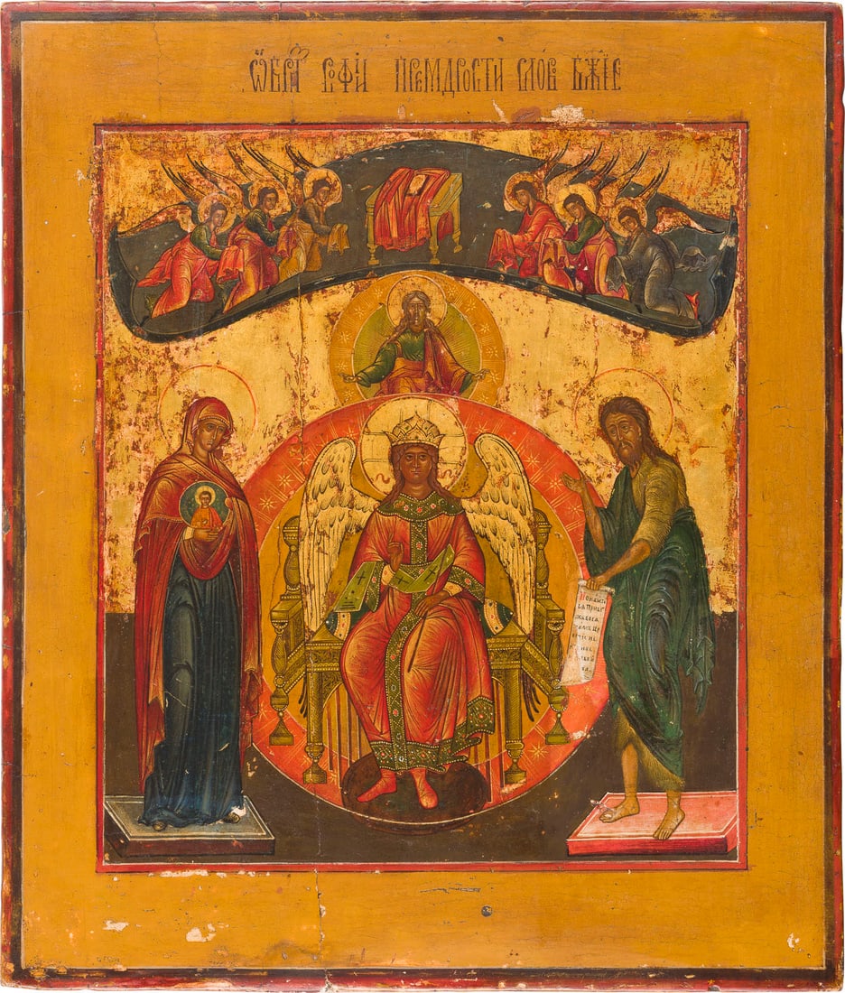 | FEINE IKONE MIT SOPHIA, DER GOeTTLICHEN WEISHEIT: A FINE ICON SHOWING SOPHIA, THE WISDOM OF GOD Russian, 19th century Tempera on wood panel with kovcheg. The minute figures depicted in great detail with bright colours against a gold background. Minim
