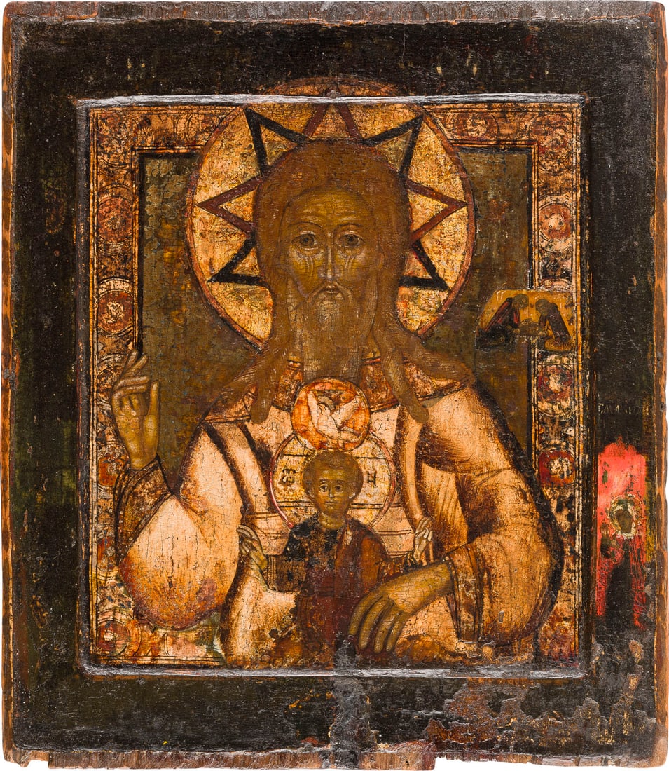 | SELTENE UND FEINE IKONE 'PATERNITAS' (VATERSCHAFT): A FINE AND RARE ICON 'PATERNITY' (FATHERHOOD) Russian, 17th century Tempera on wood panel with double kovcheg. The haloes made of silver, covered by a golden lacquer. A female saint and the Finding St