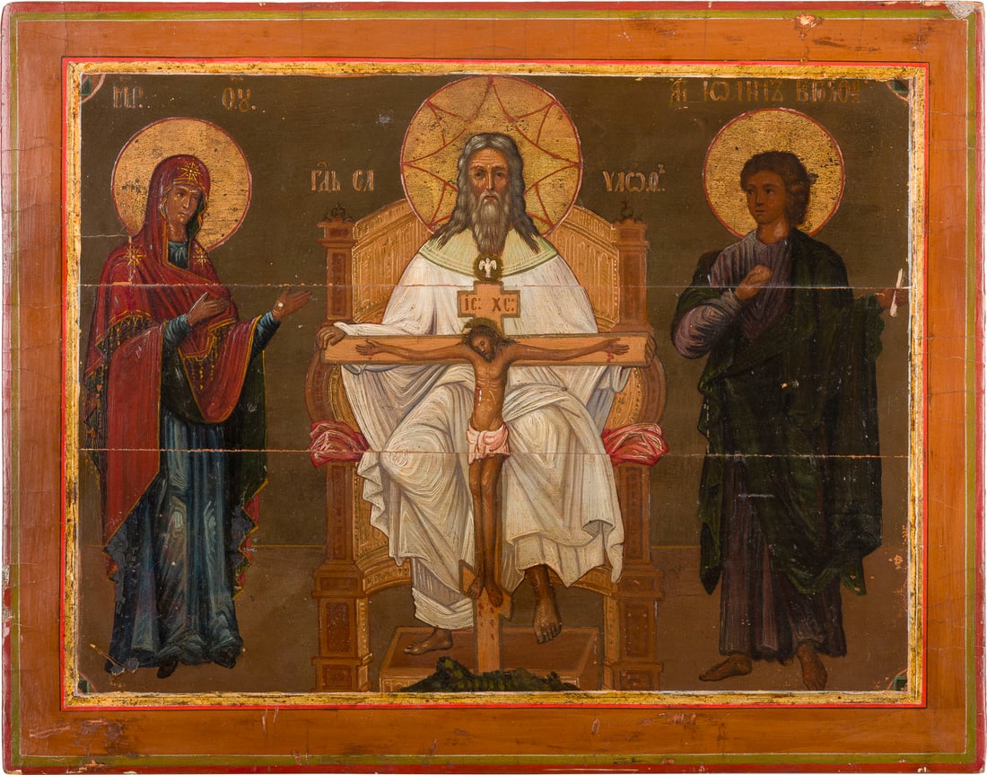 | SINGULAeRE UND GROSSE IKONE NACH DEM TRINITAeTS-FRESKO VON MASACCIO: A SINGULAR AND LARGE ICON AFTER MASACCIO'S TRINITY FRESCO Russian, 19th century Tempera on wood panel with kovcheg. The haloes made of gold. Horizontal cracks, minor losses, minimally restored. 31 x 3