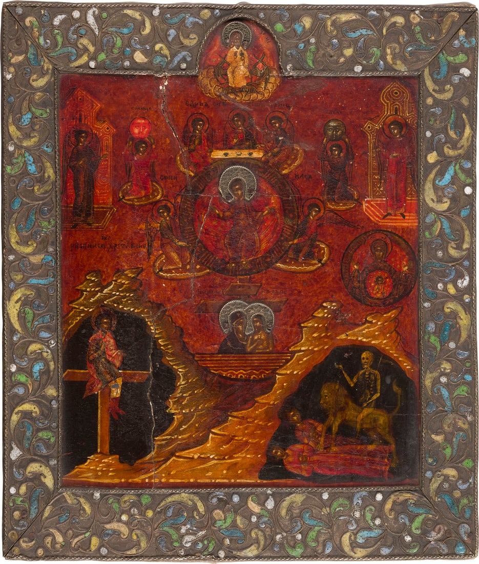 | KLEINE UND FEINE IKONE MIT CHRISTUS 'EINGEBORENER SOHN, WORT GOTTES' MIT CLOISONNE-EMAIL-BASMA: A SMALL AND FINE ICON SHOWING THE 'ONLY BEGOTTEN SON' WITH CLOISONNE ENAMEL BASMA CLOISONNE-EMAIL-BASMA Russian, Old Believers' Workshop, 19th century Russland, Altglaeubigen-Werkstatt, 19. Jh. Temper