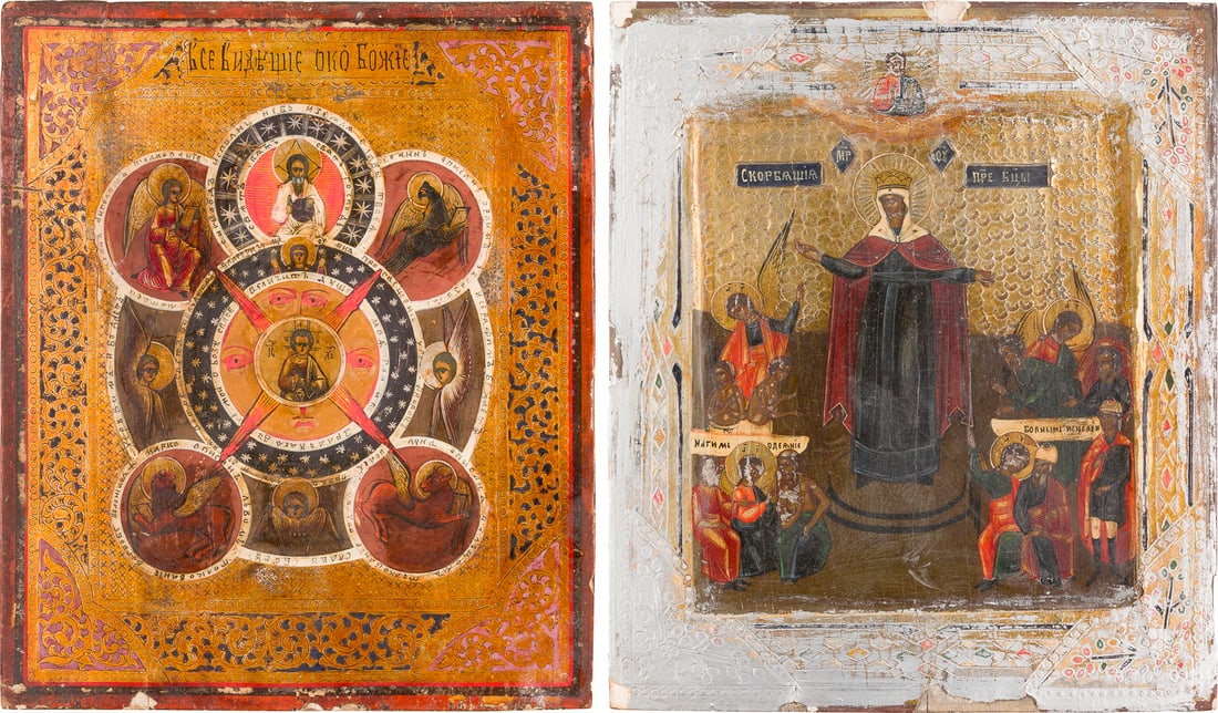| ZWEI IKONEN: 'ALLES-SEHENDES AUGE GOTTES' UND GOTTESMUTTER 'FREUDE ALLER LEIDENDEN': TWO ICONS SHOWING THE 'ALL-SEEING EYE OF GOD' AND THE MOTHER OF GOD 'JOY TO ALL WHO GRIEVE' Russland, Ende 19. Jh. Russian, late 19th century Holztafeln. Eitempera auf Kreidegrund, versilberter Hinter