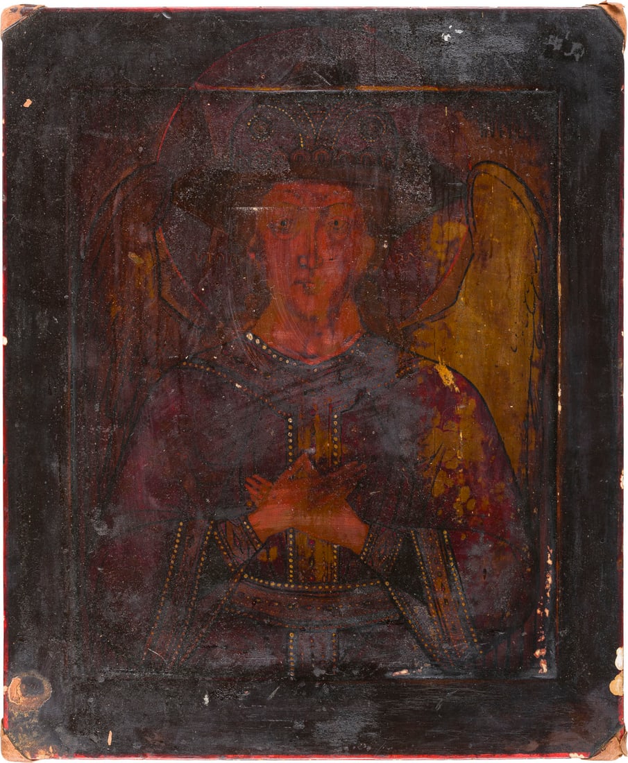 | GROSSFORMATIGE UND FEINE IKONE MIT CHRISTUS, DEM GUeTIGEN SCHWEIGEN: A LARGE AND FINE ICON OF CHRIST 'THE BLESSED SILENCE' Russia, Vetka, 19th century Tempera on wood panel with kovcheg. The background and wings made of silver, covered by a golden lacquer. Heavy surfac