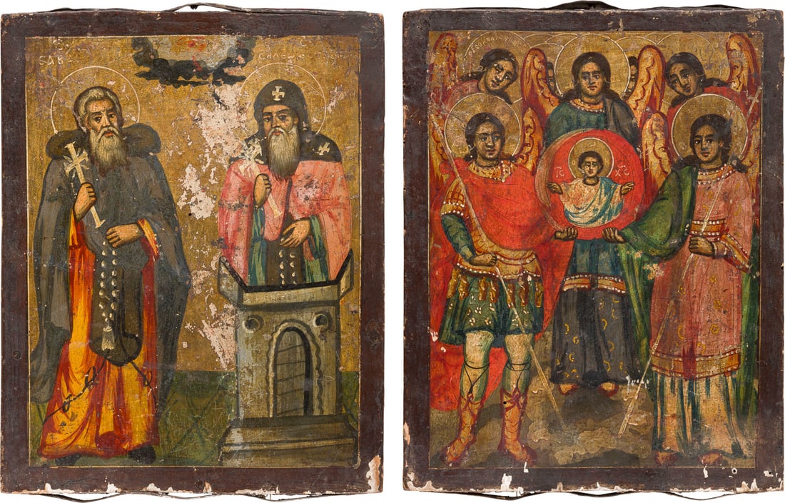 | DOPPELSEITIGE IKONE MIT DEN HEILIGEN SAWA UND SIMEON STYLITES SOWIE DER SYNAXIS DER ERZENGEL (1 of 3)