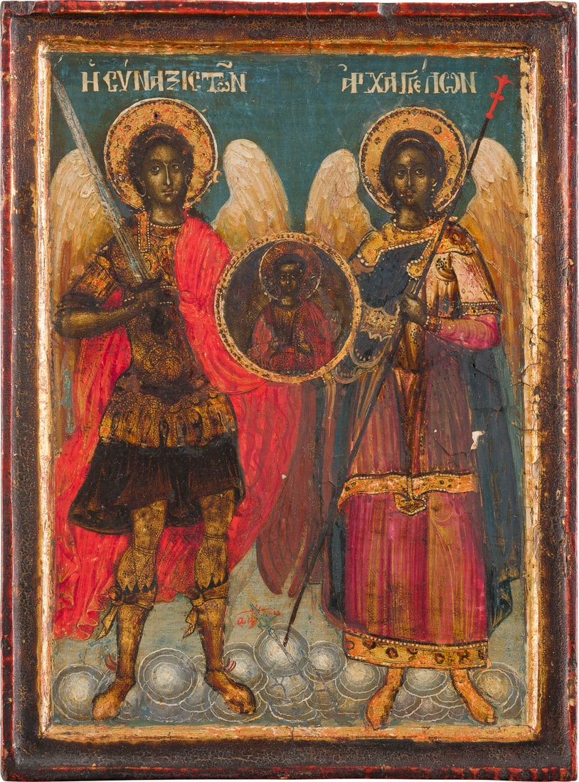 | KLEINE DATIERTE IKONE MIT DEN ERZENGELN MICHAEL UND GABRIEL MIT CHRISTUS EMANUEL: A SMALL DATED ICON SHOWING THE ARCHANGELS MICHAEL AND GABRIEL WITH CHRIST EMMANUEL Greek, 18th century Tempera on wood panel with kovcheg. The haloes and garments made of gold. In the lower image trac