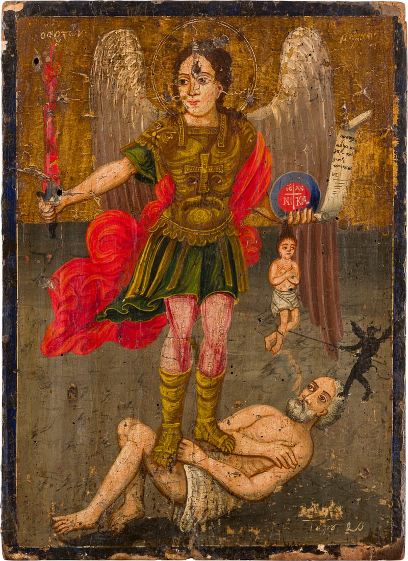 | DATIERTE IKONE MIT DEM ERZENGEL MICHAEL ALS PSYCHOPOMPOS: A DATED ICON SHOWING THE ARCHANGEL MICHAEL PSYCHOPOMP Greek, dated 1820 Oil on wood panel. Painted in bright colours on gold ground. Dated '1820' lower right. Minor paint blisterings, minor losses to