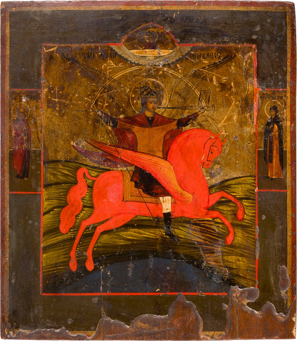 | IKONE MIT DEM ERZENGEL MICHAEL ARCHISTRATEGOS ALS APOKALYPTISCHER REITER: AN ICON SHOWING THE ARCHANGEL MICHAEL AS HORSEMAN OF THE APOCALYPSE Russian, 19th century Tempera on wood panel. The background made of silver, covered by a golden lacquer. Two selected saints on the
