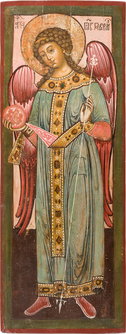 | GROSSFORMATIGE IKONE MIT DEM ERZENGEL GABRIEL AUS EINER KIRCHEN-IKONOSTASE: A LARGE ICON SHOWING THE ARCHANGEL GABRIEL FROM A CHURCH ICONOSTASIS Russian, 18th century Tempera on wood panel. The faces rendered finely with soft colours. 52.6 x 19.5 cm.GROSSFORMATIGE IKONE MIT D