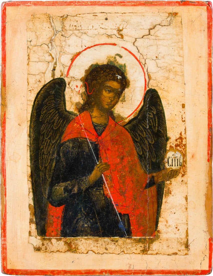 | KLEINE IKONE MIT DEM ERZENGEL: A SMALL ICON SHOWING AN ARCHANGEL Russian, 18th century Tempera on wood panel. Traces of gilding. Inset into another panel (vrezka). The background stripped to gesso, partially restored. 17.8 x 13.9 c