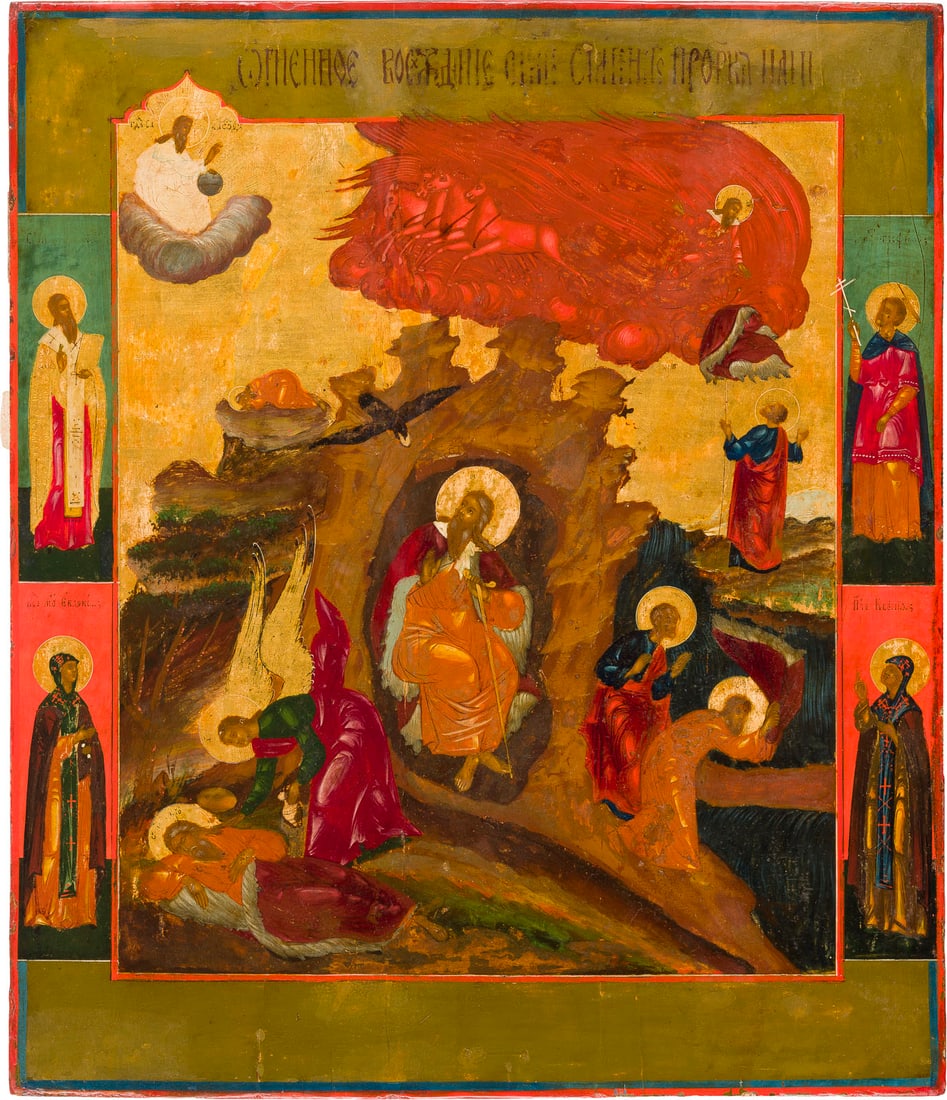 | GROSSFORMATIGE IKONE MIT DEM PROPHETEN ELIAS, SEINEM LEBEN IN DER WUeSTE UND SEINER FEURIGEN: A LARGE ICON SHOWING THE LIFE OF PROPHET ELIJAH AND HIS FIERY ASCENT TO HEAVEN FEURIGEN HIMMELFAHRT Russian, 1st half of the 19th century Russland, 1. Haelfte 19. Jh. Tempera on wood panel. The haloes