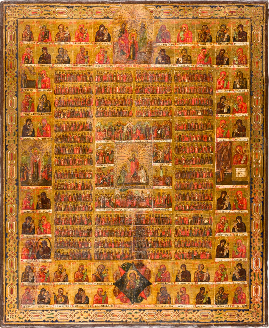 | GROSSFORMATIGE UND FEINE JAHRESIKONE MIT DER AUFERSTEHUNG, ZWOeLF HOCHFESTEN UND 68 GNADENBILDERN: A LARGE AND FINE DATED MENOLOGICAL ICON FOR THE WHOLE YEAR WITH THE RESURRECTION, MAIN LITURGICAL FEASTS AND 68 IMAGES OF THE MOTHER OF GOD Russian, date 1897 Tempera on wood panel. The saints and fes