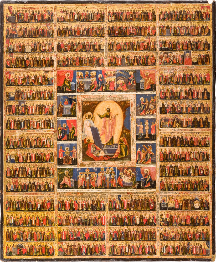 | GROSSFORMATIGE UND SEHR FEINE IKONE MIT DER AUFERSTEHUNG, DER PASSION CHRISTI UND DEN ZWOeLF: A LARGE AND FINE MENOLOGICAL ICON FOR THE WHOLE YEAR ZWOeLF MONATEN DES LITURGISCHEN JAHRES Russian, 19th century Russland, 19. Jh. Tempera on wood panel. The saints and festivals commemorated in each