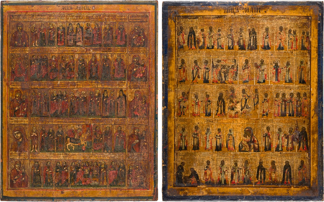 | ZWEI GROSSFORMATIGE MONATSIKONEN: APRIL UND MAI: TWO LARGE MENOLOGICAL ICONS FOR THE MONTHS OF APRIL AND MAY Russian, 18th century Tempera on wood panel. The background made of gold. Minor losses. 47.8 x 37.5 cm / 48.3 x 38.5 cm.ZWEI GROSSFORMATIGE