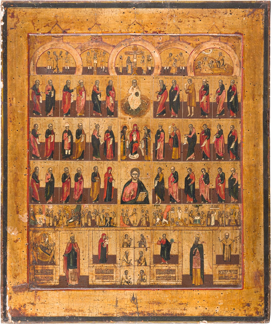 | GROSSFORMATIGE UND SELTENE IKONE MIT DER WIEDERGABE EINER KIRCHENIKONOSTASE: A VERY FINE, RARE AND LARGE ICON SHOWING A CHURCH ICONOSTASIS Russian, 19th century Tempera on wood panel with kovcheg. The background made of silver, covered by a golden lacquer. Evidence of woodworm