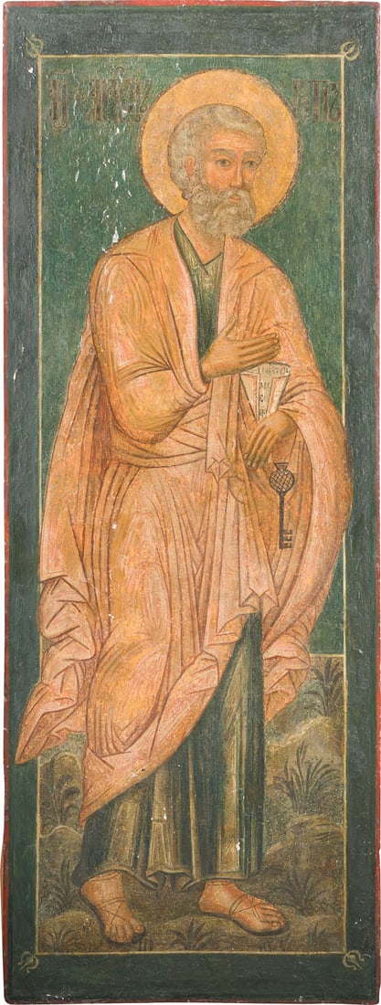 | MONUMENTALE IKONE MIT DEM APOSTEL PETRUS AUS EINER KIRCHEN-IKONOSTASE: A MONUMENTAL ICON SHOWING ST. PETER THE APOSTLE FROM A CHURCH ICONOSTASIS Russian, circa 1700 Tempera on wood panel. The halo made of gold. Paint blisterings, losses, partially restored. On the revers